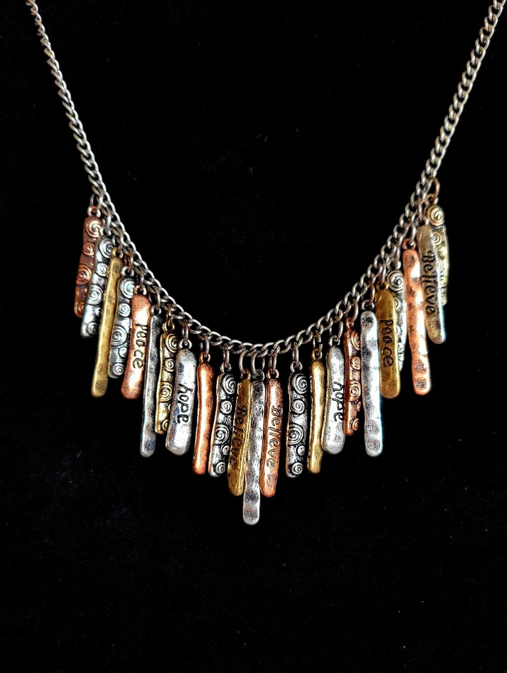 Boho Mixed Metal Bar Fringe Necklace Stamped Inspirational Mantra Words